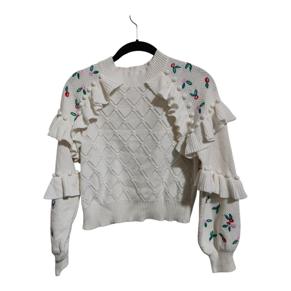 Glamorous Coquette Pointelle Knit Sweater with Embrodierd Flowers and Pom Poms - Picture 8 of 16